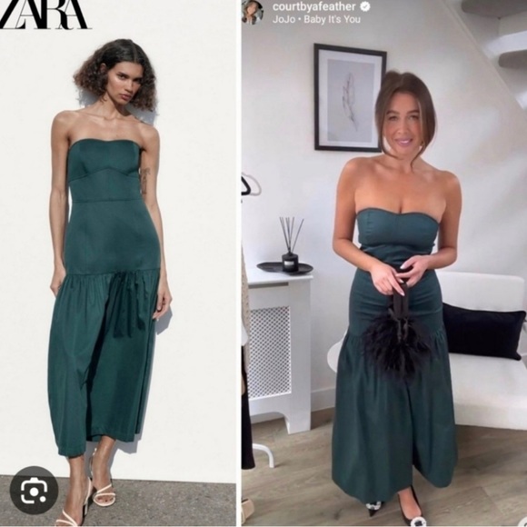 ZARA TOPSTITCHED MIDI DRESS emerald dress with top stitching, strapless bustier - Picture 8 of 16